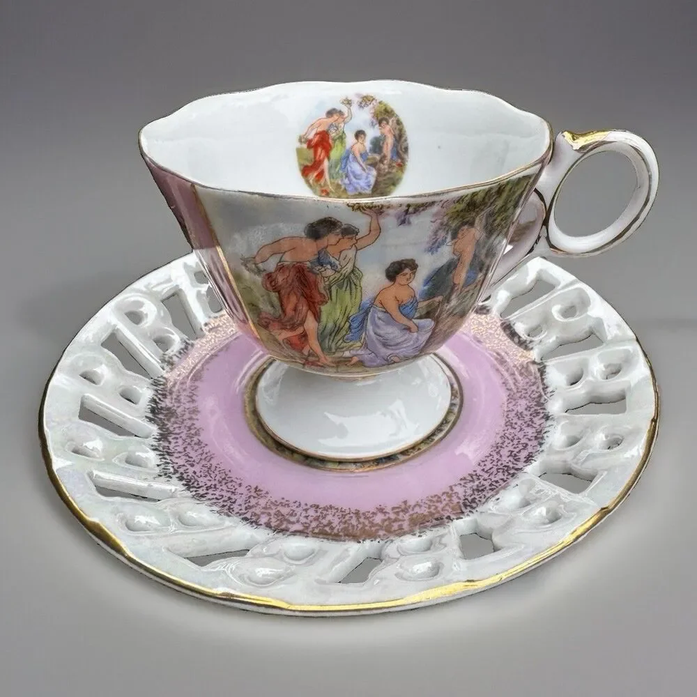 VTG Royal Halsey Fine Bone China Classical Figures Teacup & Reticulated Saucer